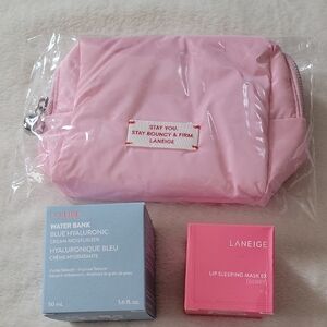 LANEIGE Pink Skincare Set Water Bank Blue Hyaluronic + Lipsleeping Mask + Pouch
